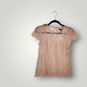White House Black Market size XsNwt style 570278651 Pink Lace Sheer Top Tunic
